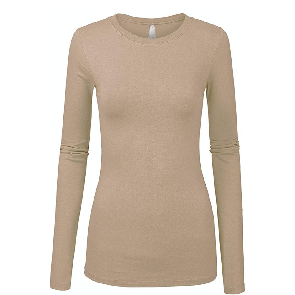 Round neck long sleeve solid beige fitted shirt